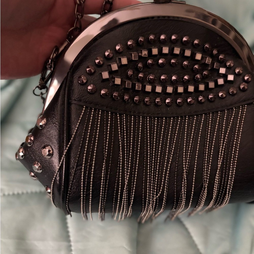 Black Studded Chain Fringe Bag